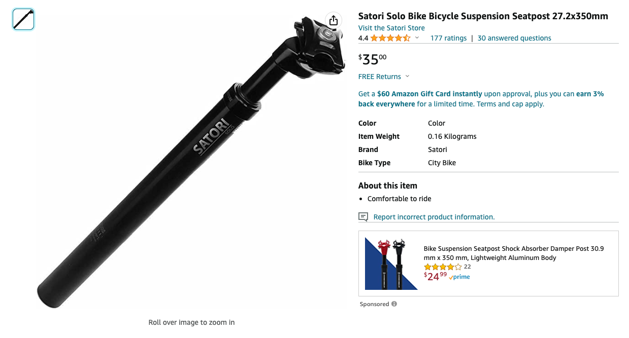 $7 off!!! Satori Solo Bike Bicycle Suspension Seatpost 27.2x350mm free shipping!