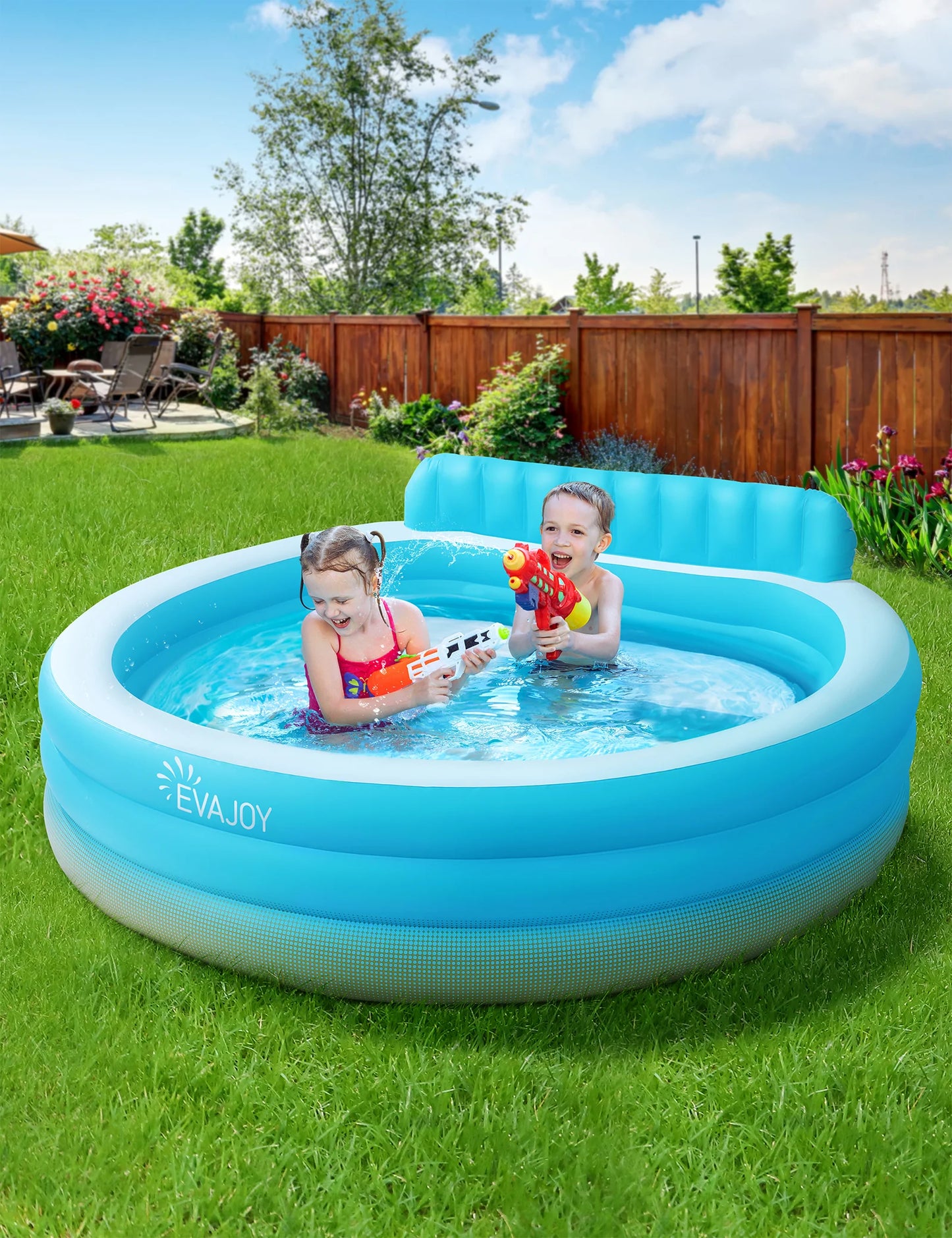 $30 off!!! Evajoy Inflatable Family Lounge Pool 88.5'' x 85'' x 21'' with Backrest
