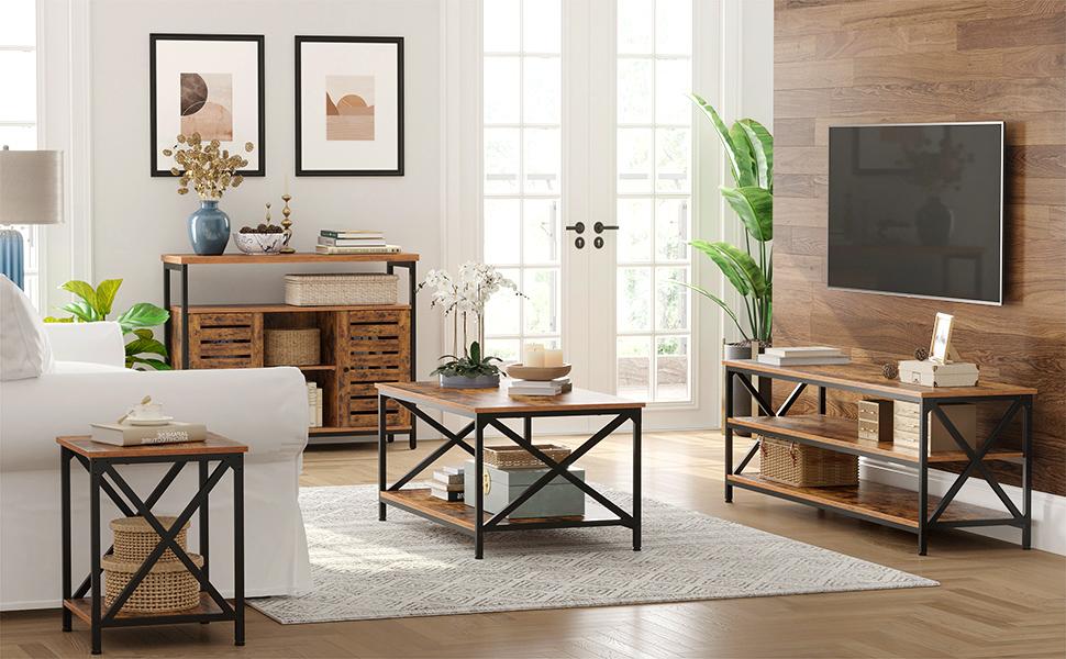 Coffee Table, Cocktail Table with Storage Shelf and X-Shape Steel Frame, Industrial Farmhouse Style, 39.4 x 21.7 x 17.7 Inches, Rustic Brown and Black