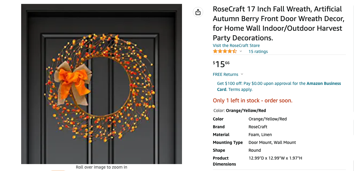 RoseCraft 17 Inch Fall Wreath, Artificial Autumn Berry Front Door Wreath Decor