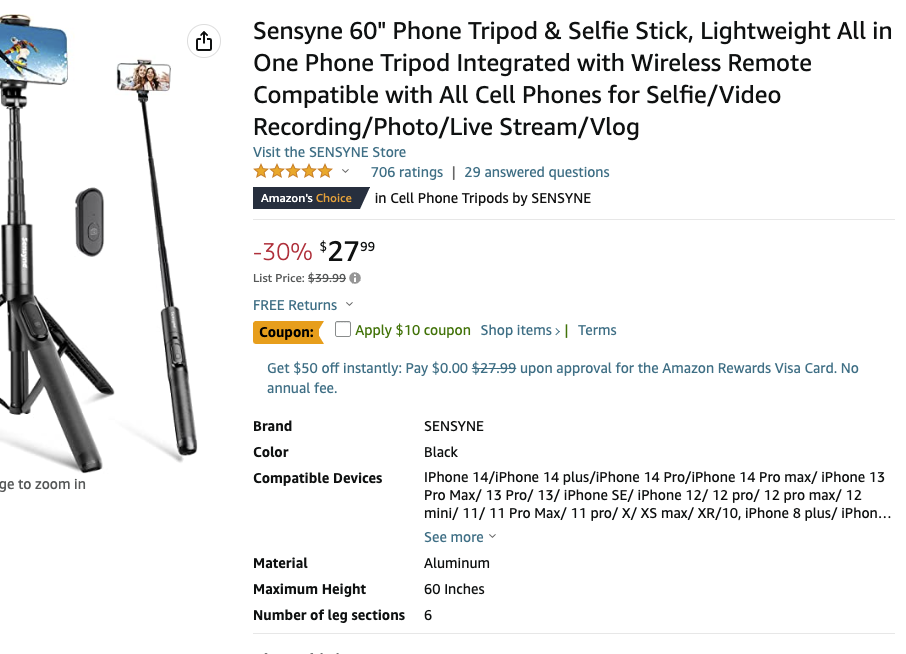 UEGOGO 63 inch Selfie Stick Tripod Stand With Bluetooth Remote for Cell Phone