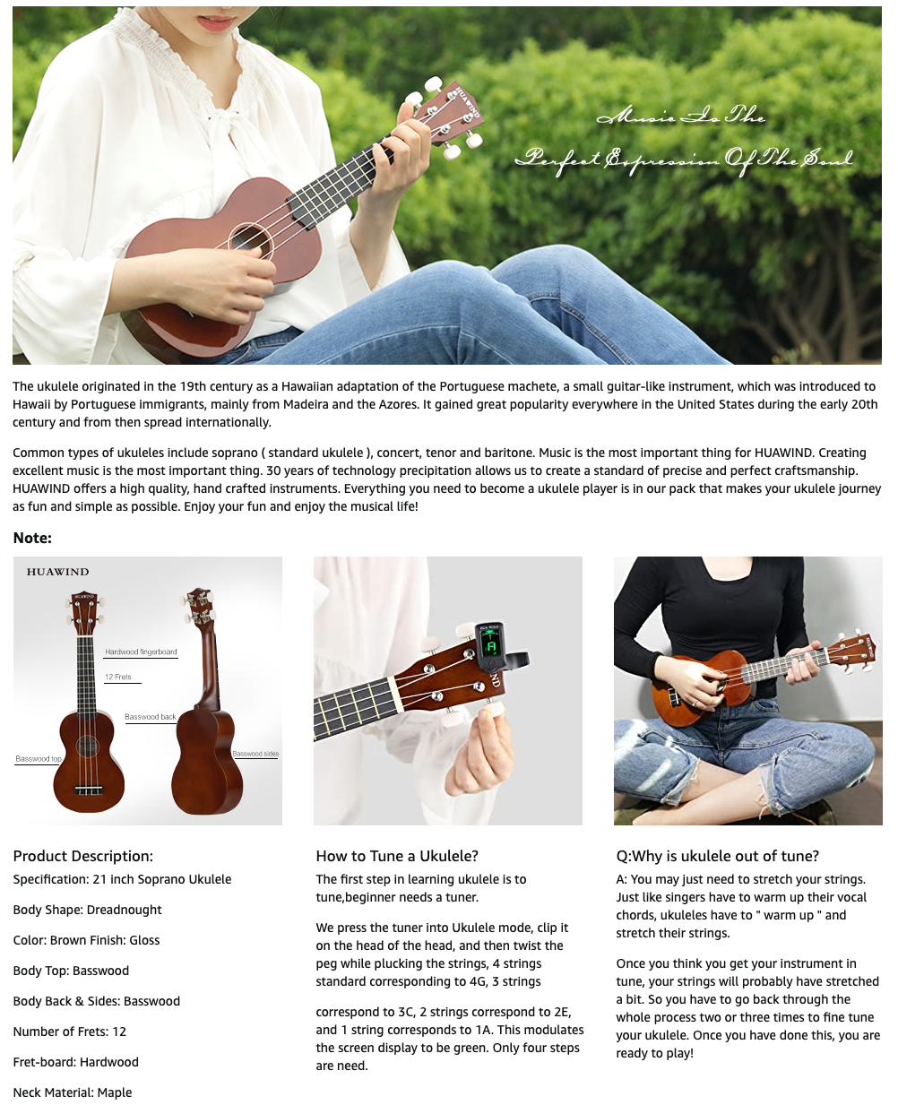 HUAWIND 21 Inch Soprano Ukulele for Beginners, Kid Guitar Four String Wood Children Ukulele with Gig Bag (Brown)