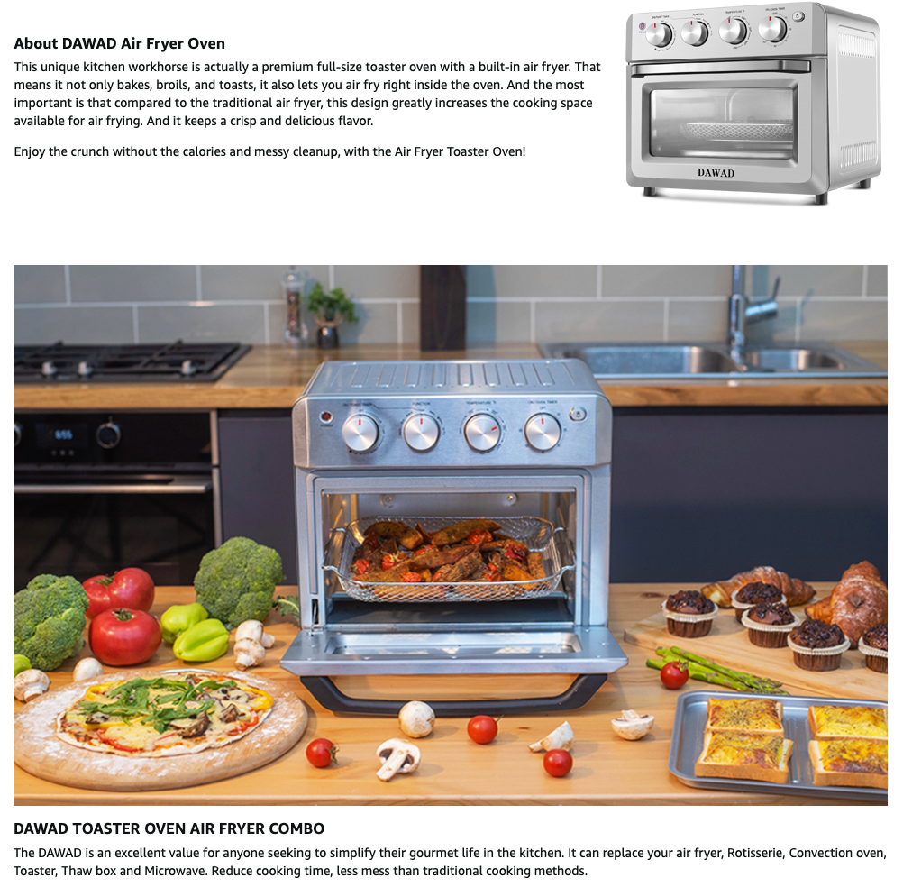 40% off Amazon! DAWAD Air Fryer Toaster Oven Combo 7-in-1 Convection Airfryer Toaster Ovens Countertop with 33 Original Recipes, Bake, Broil, Toast, Reheat, Fry Oil-Free, 19 QT, Stainless Steel