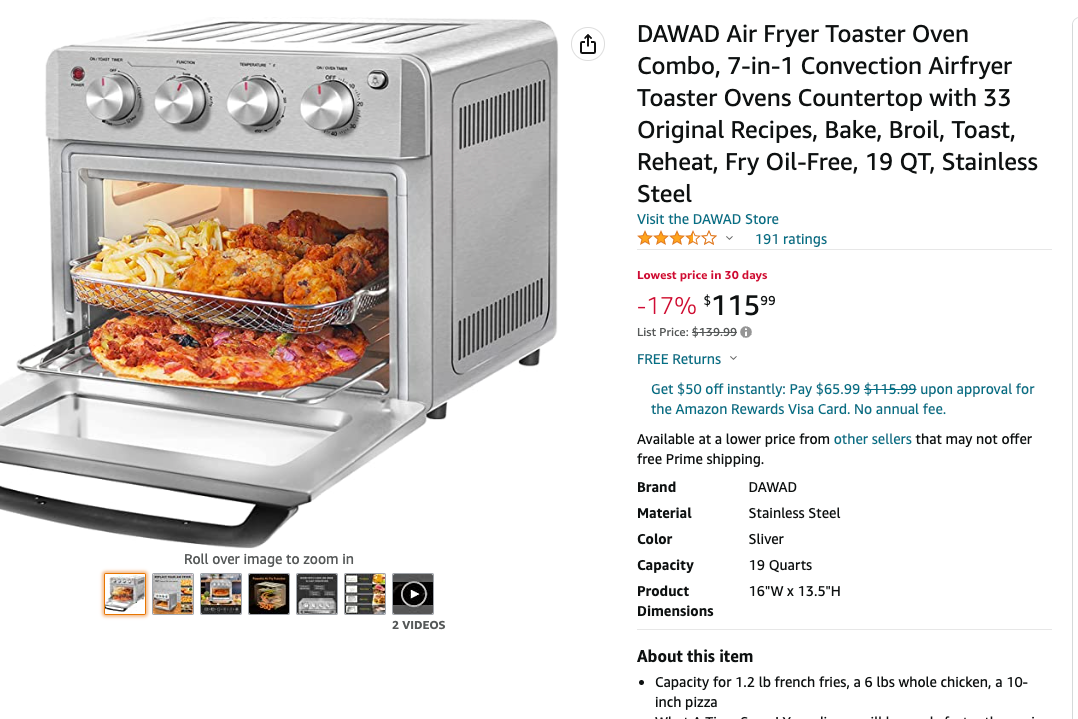 40% off Amazon! DAWAD Air Fryer Toaster Oven Combo 7-in-1 Convection Airfryer Toaster Ovens Countertop with 33 Original Recipes, Bake, Broil, Toast, Reheat, Fry Oil-Free, 19 QT, Stainless Steel
