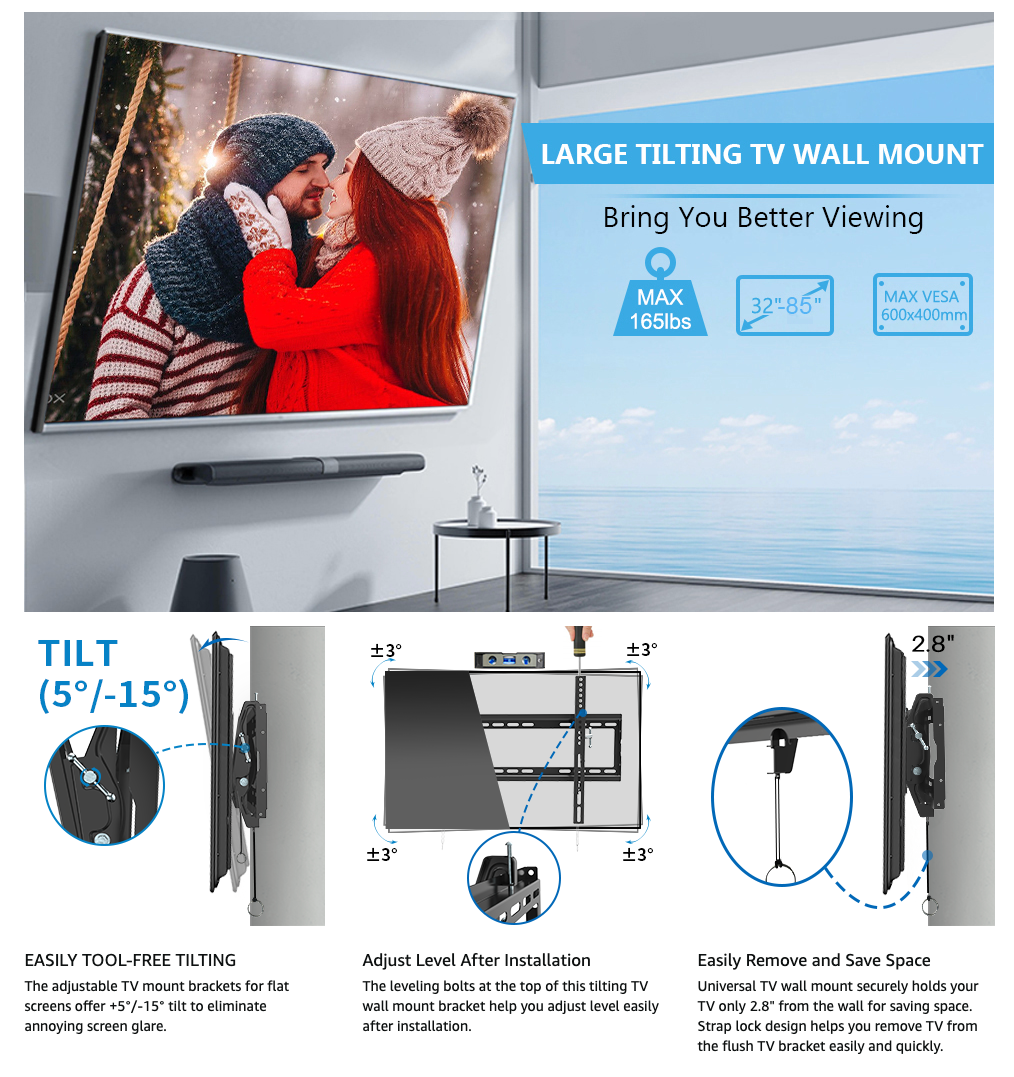 TV Wall Mount Bracket Design for 32-85 Inch LED Holds up to 165 Lbs with HDMI