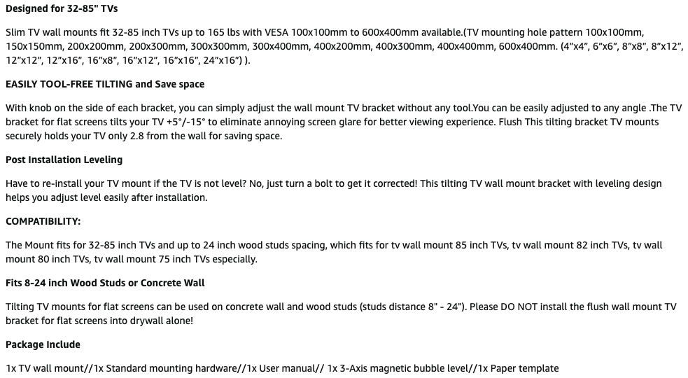 TV Wall Mount Bracket Design for 32-85 Inch LED Holds up to 165 Lbs with HDMI