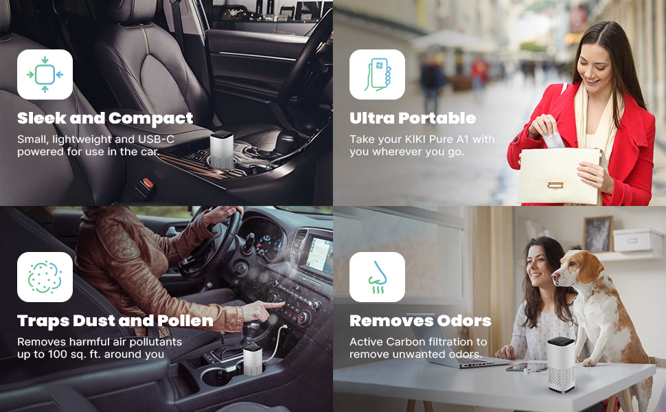 KIKI PURE A1 Mini HEPA USB-C Powered Air Purifier. Ultra Portable 5.2in tall
