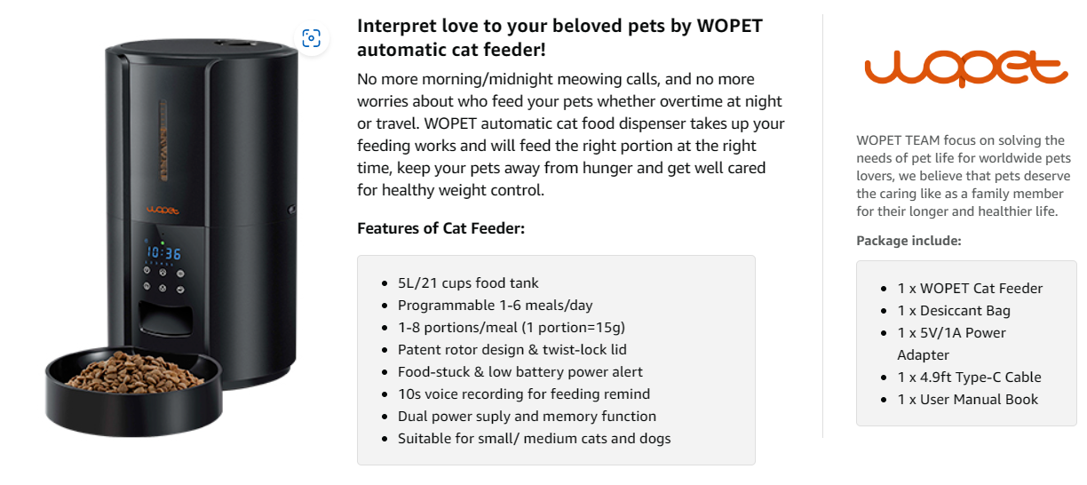 WOPET Automatic Cat Feeder, FT70 Plus 5L Auto Pet Dry Food Dispenser with Desicc