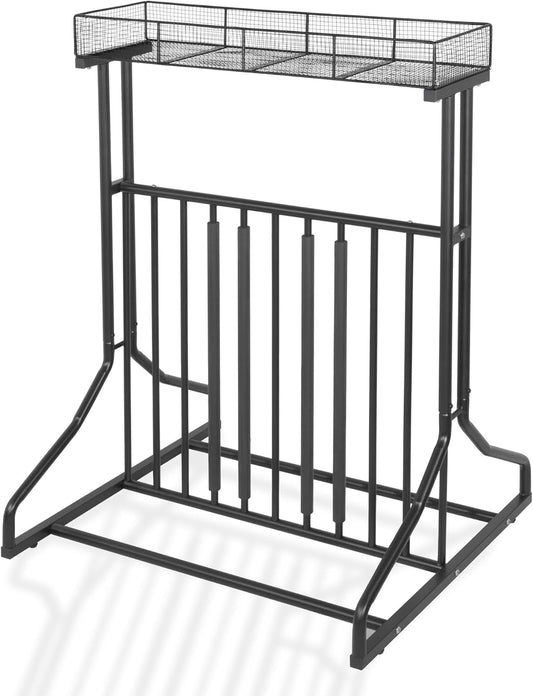 CyclingDeal 3 to 5 Bike Floor Parking Rack - for Storing 20"-29" MTB Road Hybrid Kids Bikes - Space-Saving Bicycle Stand Organiser in Garage at Home - Classic & Upgraded with Top Basket
