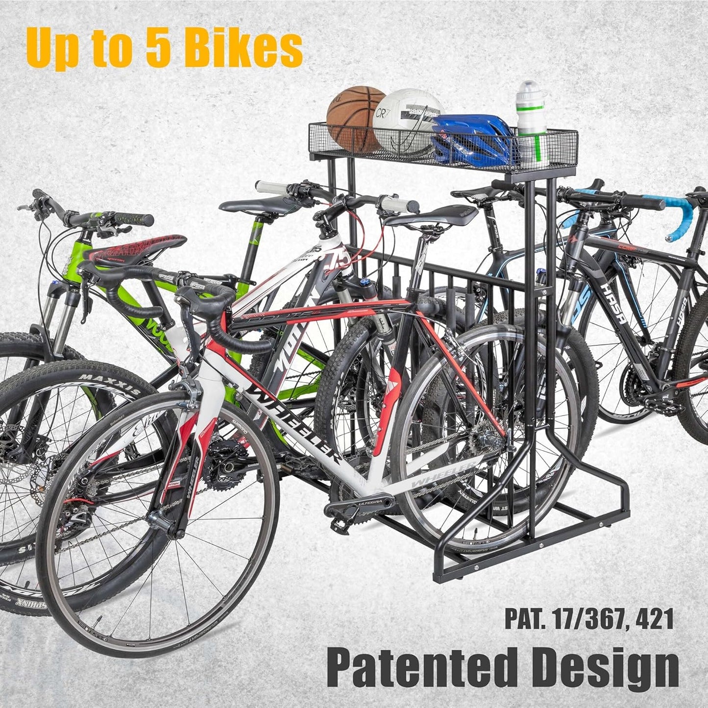 CyclingDeal 3 to 5 Bike Floor Parking Rack - for Storing 20"-29" MTB Road Hybrid Kids Bikes - Space-Saving Bicycle Stand Organiser in Garage at Home - Classic & Upgraded with Top Basket