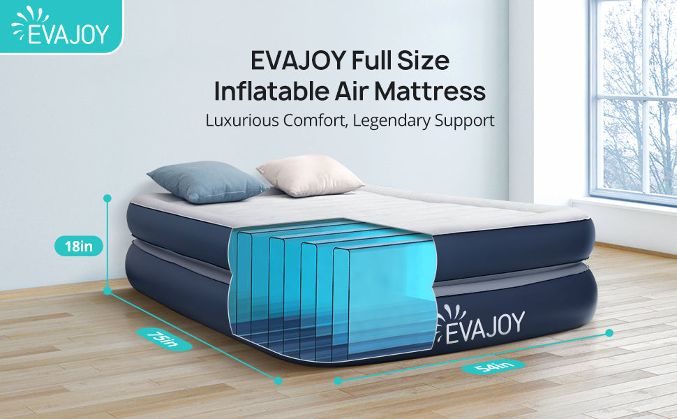 Evajoy Full Size Air Mattress with Built in Pump, 18'' Inflatable Luxury Double High Blow Up Mattress, Easy to Inflate/Quick Set Bed, Durable Portable Waterproof Blue & Grey (EJ-HF001)