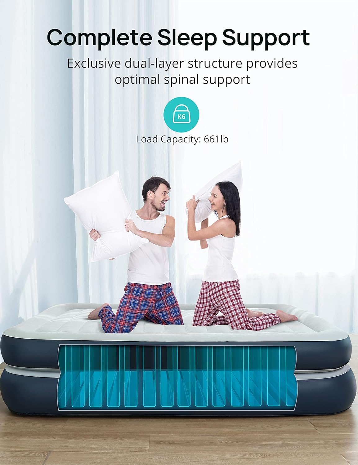 Evajoy Full Size Air Mattress with Built in Pump, 18'' Inflatable Luxury Double High Blow Up Mattress, Easy to Inflate/Quick Set Bed, Durable Portable Waterproof Blue & Grey (EJ-HF001)
