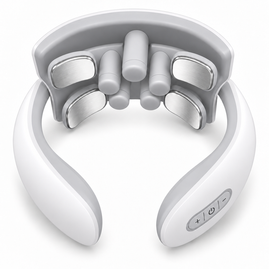 JT-88 white neck massager with five central massage posts and four metal contact plates