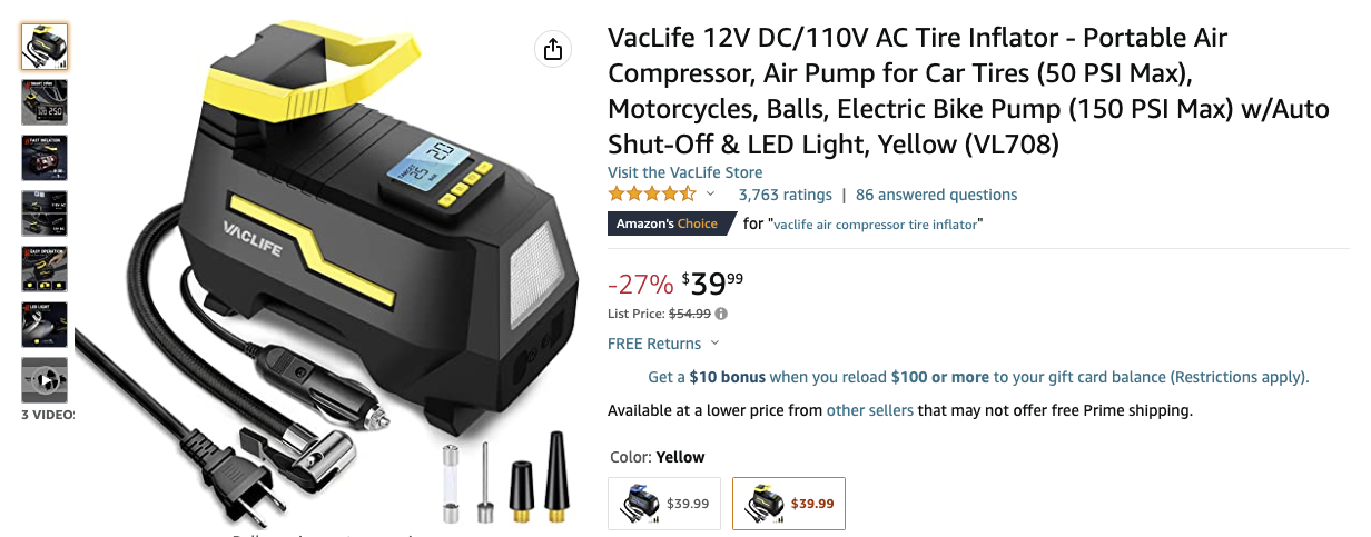 40% off!!! VacLife Tire Inflator for Home 110V and Car 12V, AC/DC Portable Air Compressor