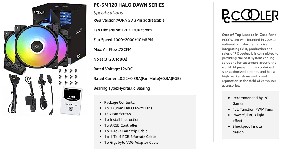 50% off!!! PCCOOLER 120mm Case Fan Dawn Series, 3M120HALO LED RGB Silent Fans