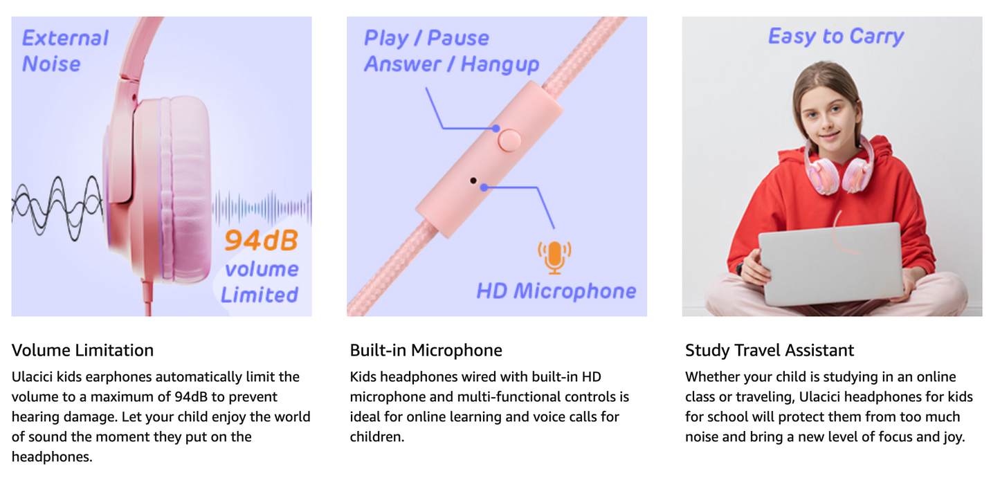 Ulacici Pink Kids Headphones for School,Kids Headphones Headphones for Kids