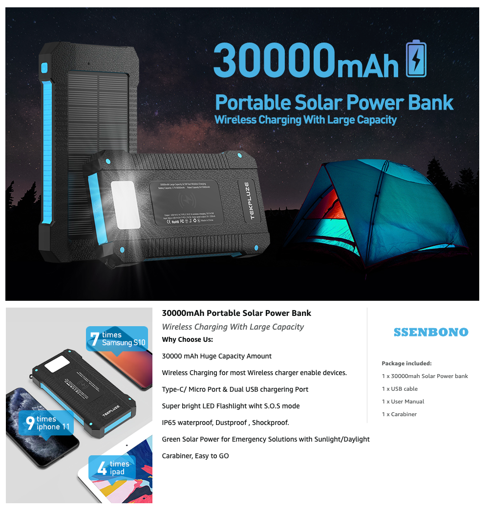 SSENBONO Solar Power Bank 30000 mAh, Wireless Portable Charger Solar Panel External Battery Type-C 5V Dual USB with LED Flashlight (Waterproof, Dustproof, Shockproof) Compatible with iOS & Android