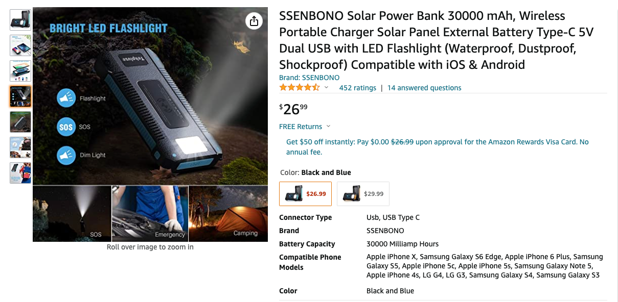 SSENBONO Solar Power Bank 30000 mAh, Wireless Portable Charger Solar Panel External Battery Type-C 5V Dual USB with LED Flashlight (Waterproof, Dustproof, Shockproof) Compatible with iOS & Android