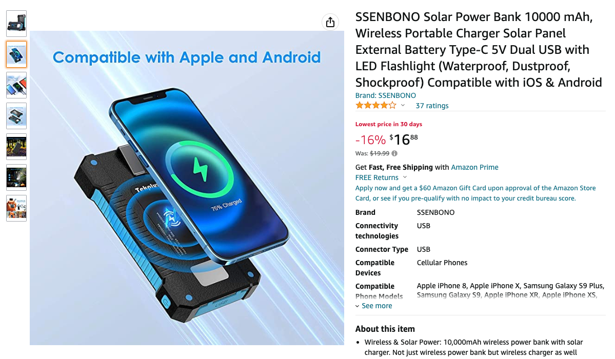 SSENBONO Solar Power Bank 10000 mAh, Wireless Portable Charger Solar Panel External Battery Type-C 5V Dual USB with LED Flashlight (Waterproof, Dustproof, Shockproof) Compatible with iOS & Android