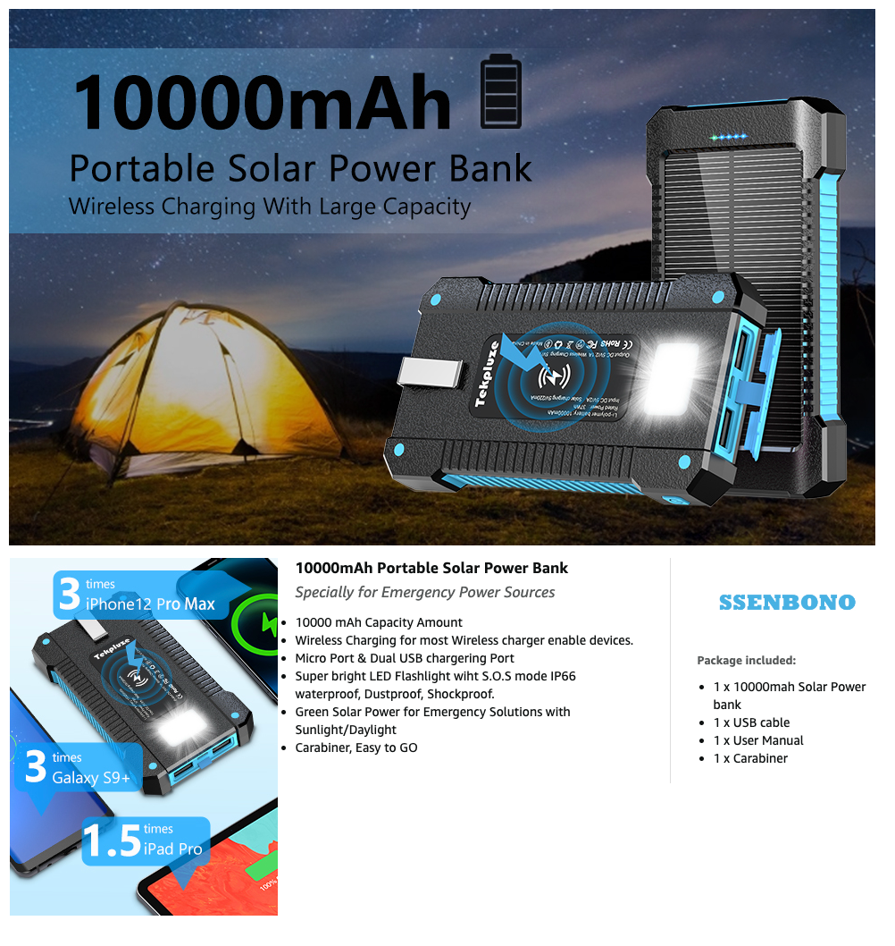 SSENBONO Solar Power Bank 10000 mAh, Wireless Portable Charger Solar Panel External Battery Type-C 5V Dual USB with LED Flashlight (Waterproof, Dustproof, Shockproof) Compatible with iOS & Android