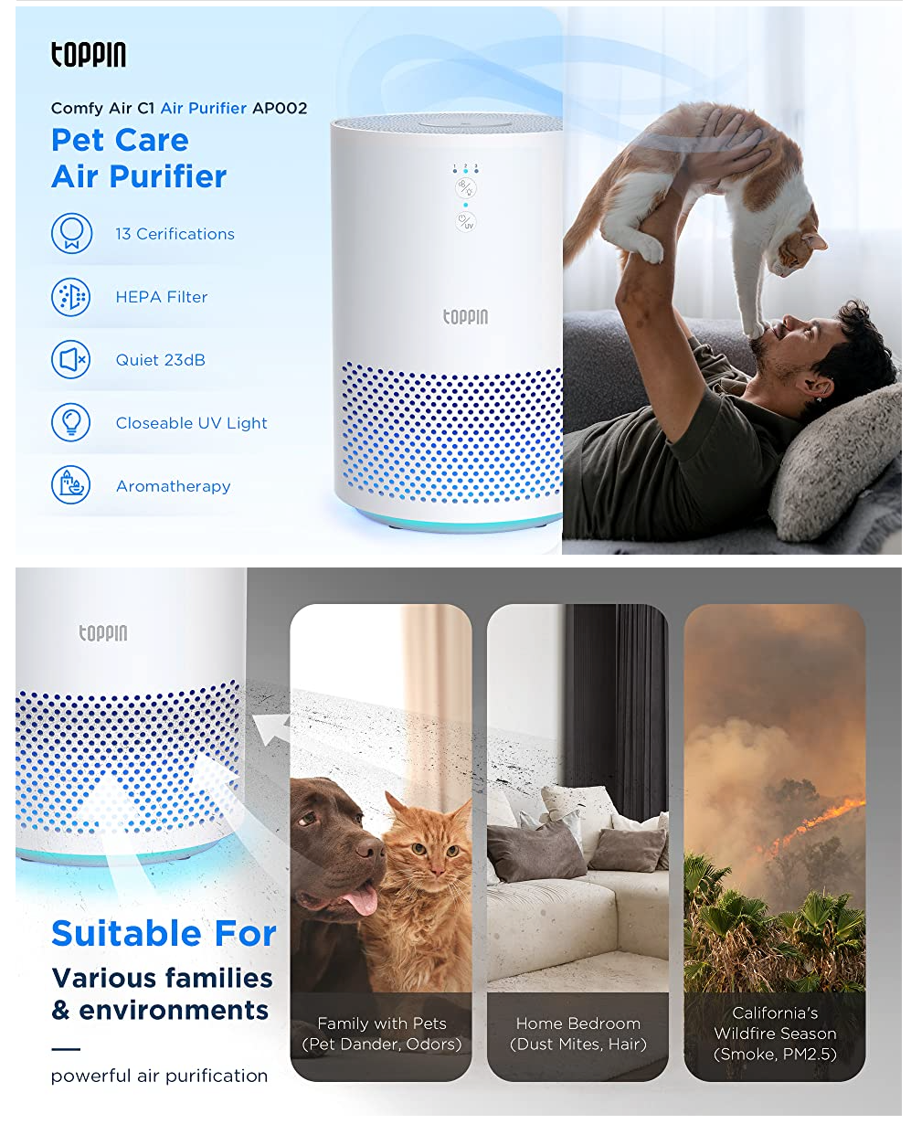 HYGGIE HEPA Air Purifiers for Home Pets Hair-for Bedroom with UV Light BLACK