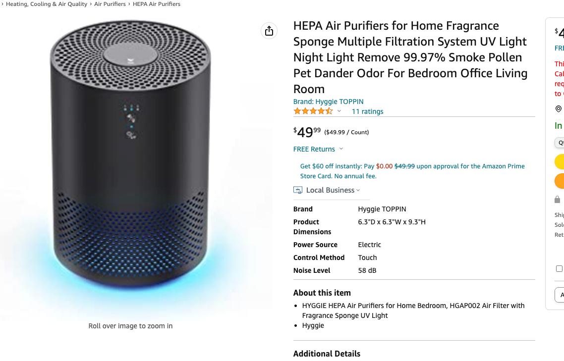 HYGGIE HEPA Air Purifiers for Home Pets Hair-for Bedroom with UV Light BLACK