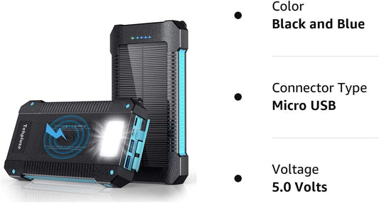 SSENBONO Solar Power Bank 30000 mAh, Wireless Portable Charger Solar Panel External Battery Type-C 5V Dual USB with LED Flashlight (Waterproof, Dustproof, Shockproof) Compatible with iOS & Android