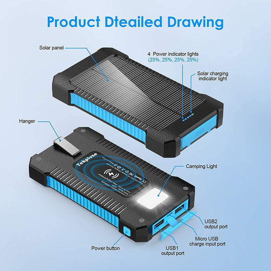 SSENBONO Solar Power Bank 10000 mAh, Wireless Portable Charger Solar Panel External Battery Type-C 5V Dual USB with LED Flashlight (Waterproof, Dustproof, Shockproof) Compatible with iOS & Android