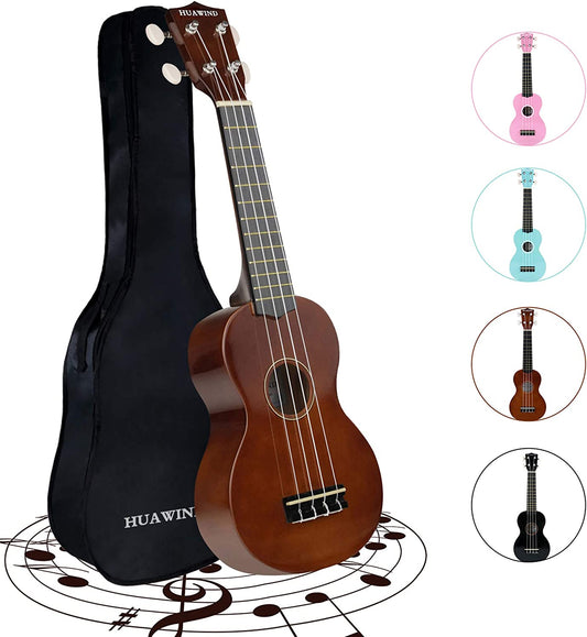 HUAWIND 21 Inch Soprano Ukulele for Beginners, Kid Guitar Four String Wood Children Ukulele with Gig Bag (Brown)