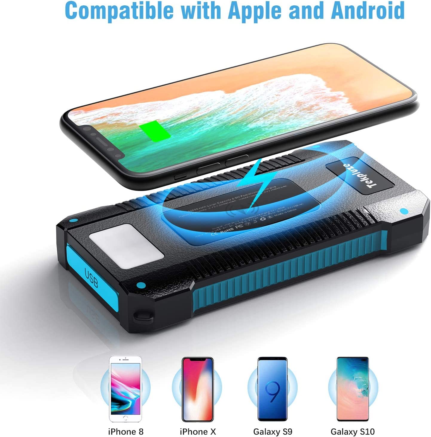 SSENBONO Solar Power Bank 30000 mAh, Wireless Portable Charger Solar Panel External Battery Type-C 5V Dual USB with LED Flashlight (Waterproof, Dustproof, Shockproof) Compatible with iOS & Android