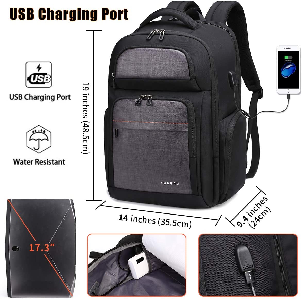 TUDEQU Travel Laptop Backpack,Anti Theft Extra Large Computer Bag with WET Pocket USB Charging Port,Water Resistant TSA Business Computer Backpack for Men Women Fits 17 Inch Laptop and Notebook