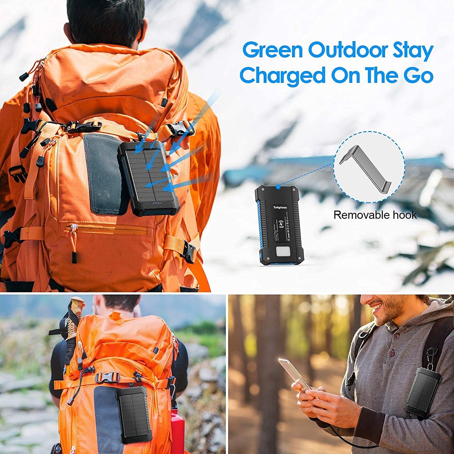 SSENBONO Solar Power Bank 10000 mAh, Wireless Portable Charger Solar Panel External Battery Type-C 5V Dual USB with LED Flashlight (Waterproof, Dustproof, Shockproof) Compatible with iOS & Android