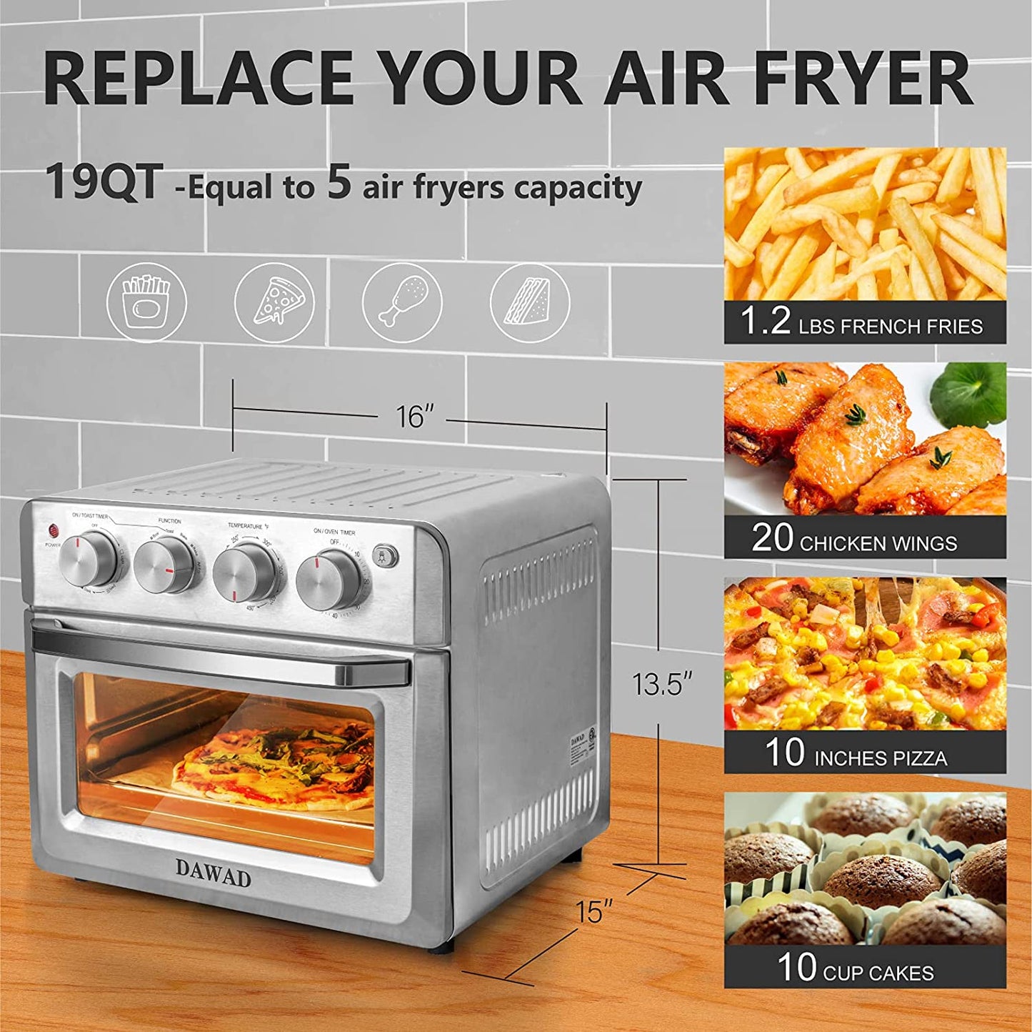 40% off Amazon! DAWAD Air Fryer Toaster Oven Combo 7-in-1 Convection Airfryer Toaster Ovens Countertop with 33 Original Recipes, Bake, Broil, Toast, Reheat, Fry Oil-Free, 19 QT, Stainless Steel