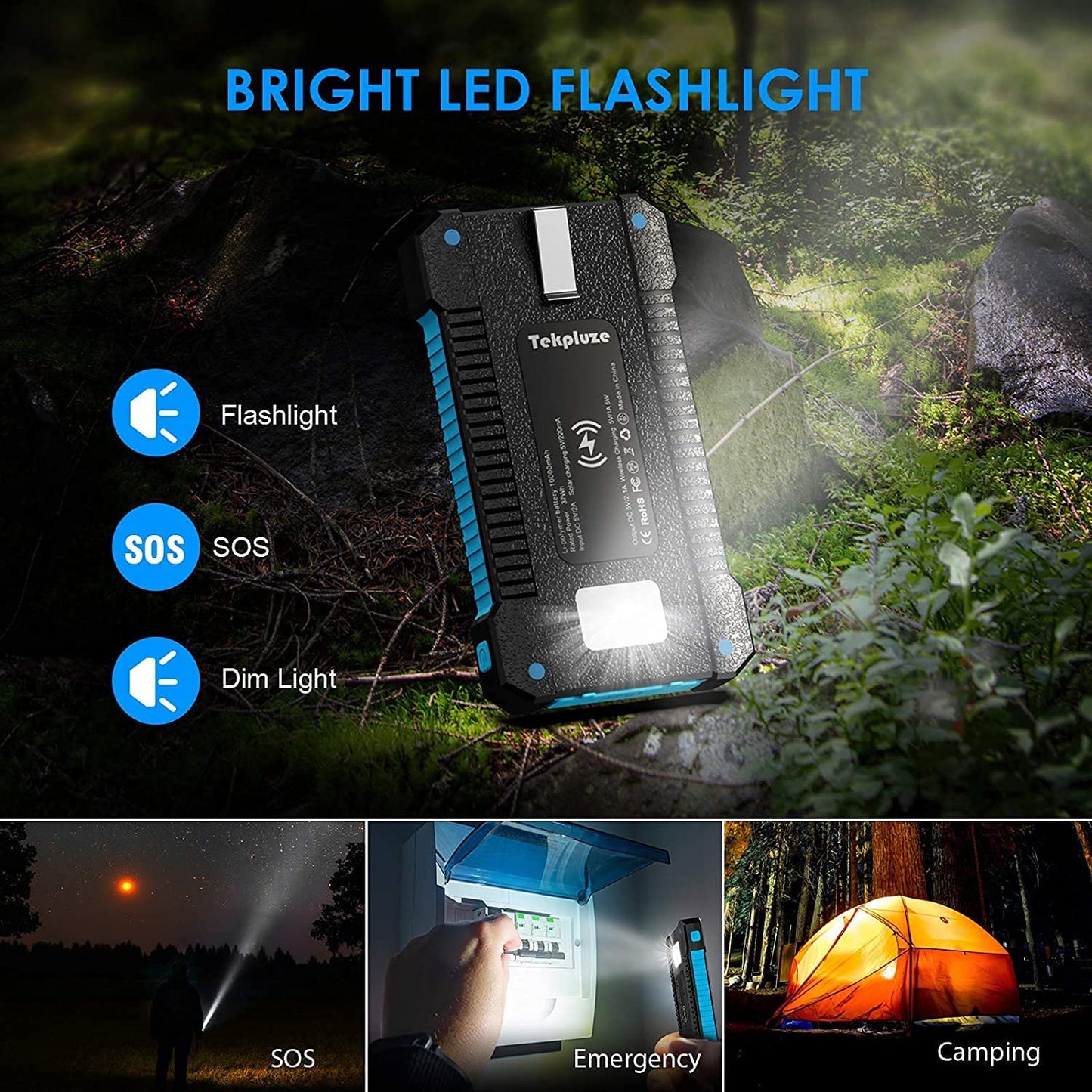 SSENBONO Solar Power Bank 10000 mAh, Wireless Portable Charger Solar Panel External Battery Type-C 5V Dual USB with LED Flashlight (Waterproof, Dustproof, Shockproof) Compatible with iOS & Android