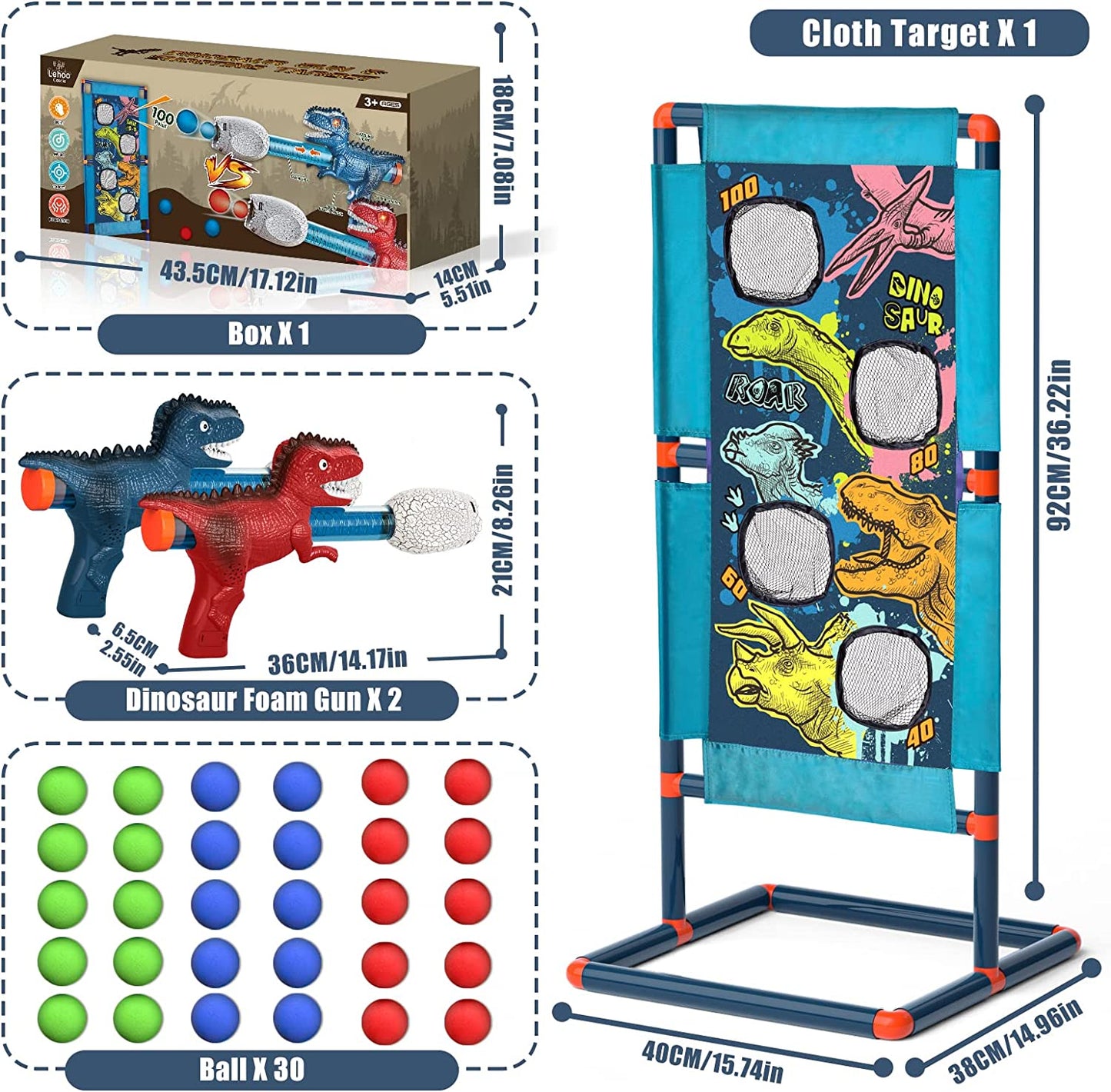 Shooting Game Toy for Age 3+ Years Boys, Dinosaur Shooting Toys for Kids 8-12 Years Old, 2pk Foam Ball Popper Air Guns & 30 Foam Balls, Compatible with Toy Guns, Ideal Gift for Kids