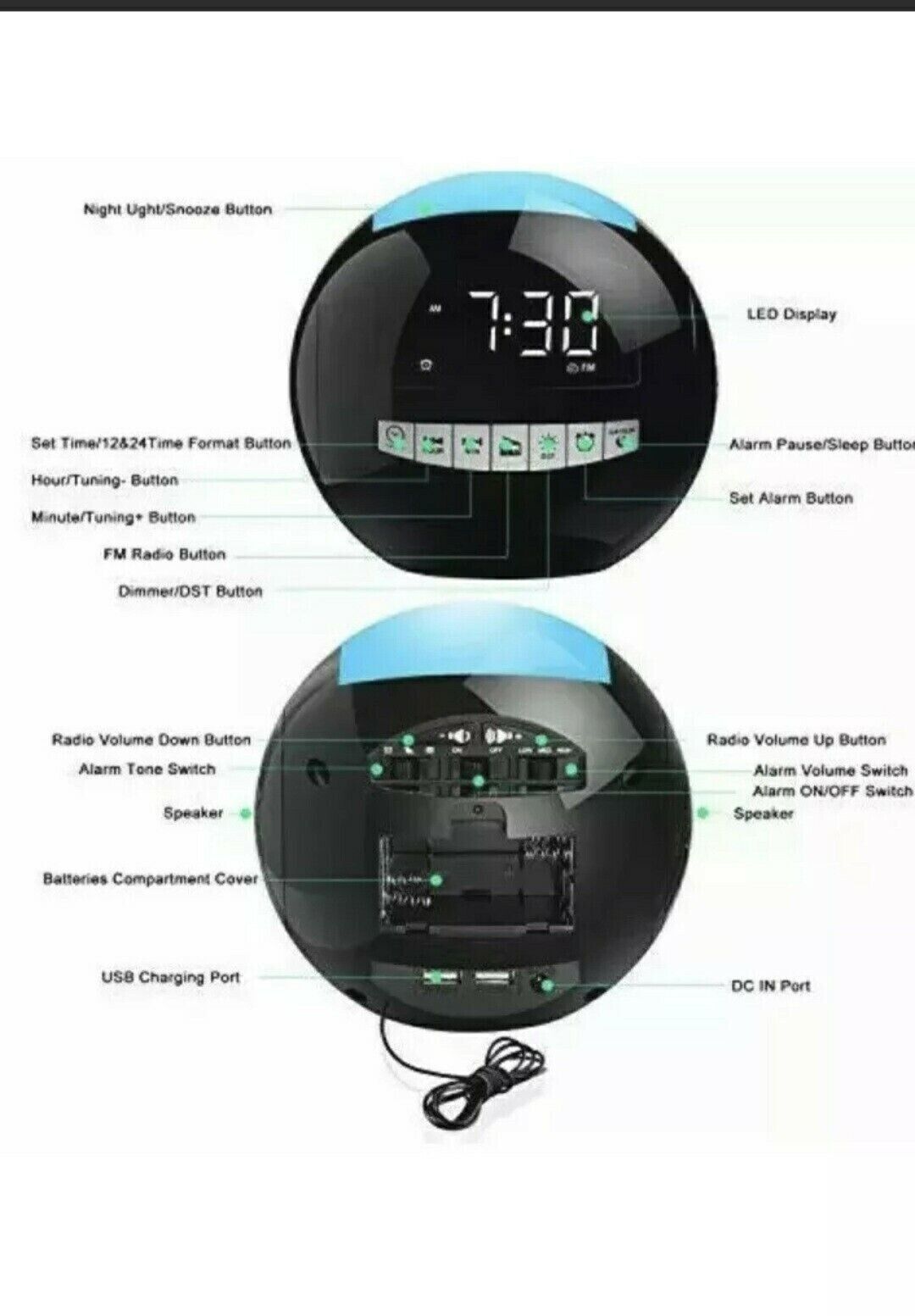 Clock Radio,Alarm Clock for Bedroom,Battery Operated/Plug in Digital Clock with FM Radio,Dual USB Ports,Sleep Timers, 7 Colors Night Light,Snooze,Dimmer,LED Display for Heavy Sleepers Kids Nightstand