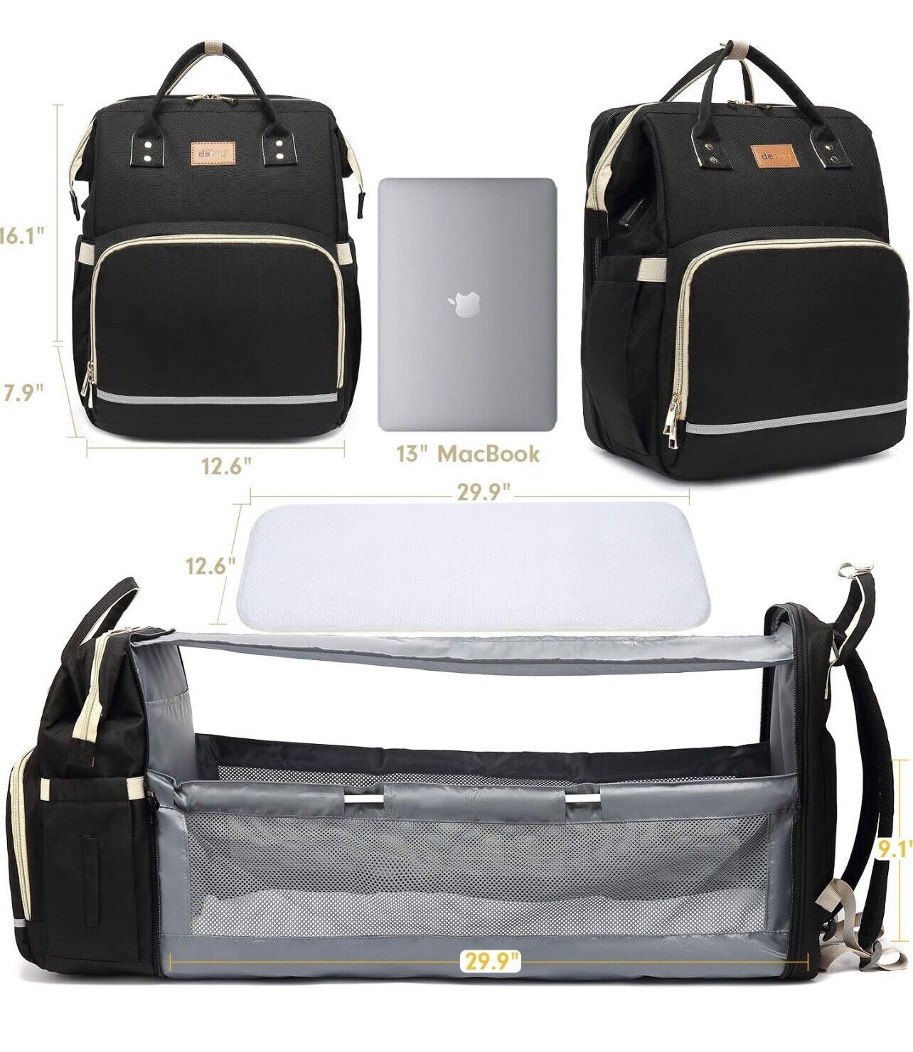 Diaper Bag Backpack with Bassinet black and silver