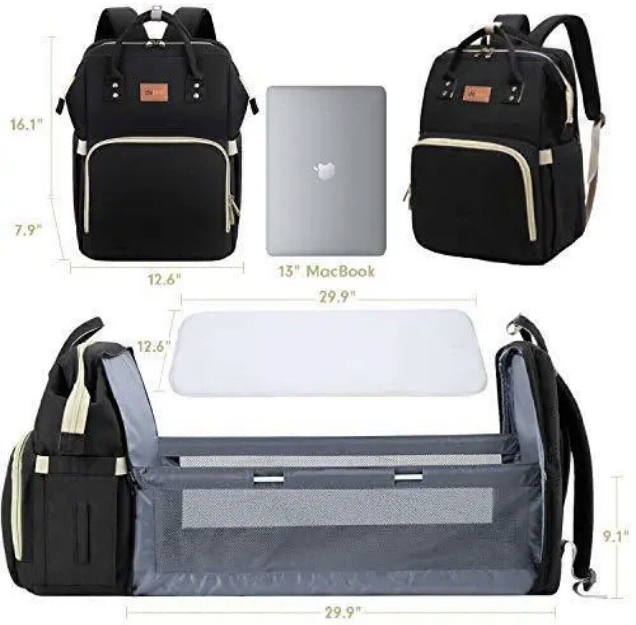 Diaper Bag Backpack with Bassinet black and silver